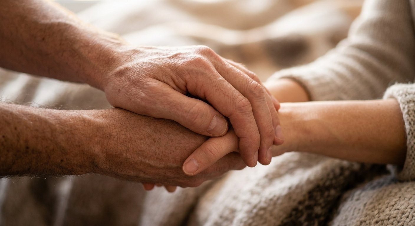 Dos manos sosteniéndose representando el apoyo emocional y la prevención del suicidio.